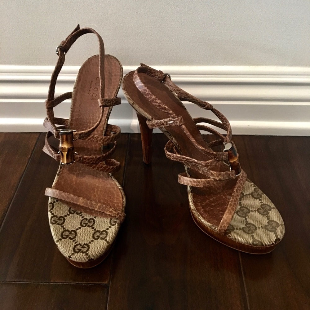 Gucci Tan Platform Sandals with Horn Trim